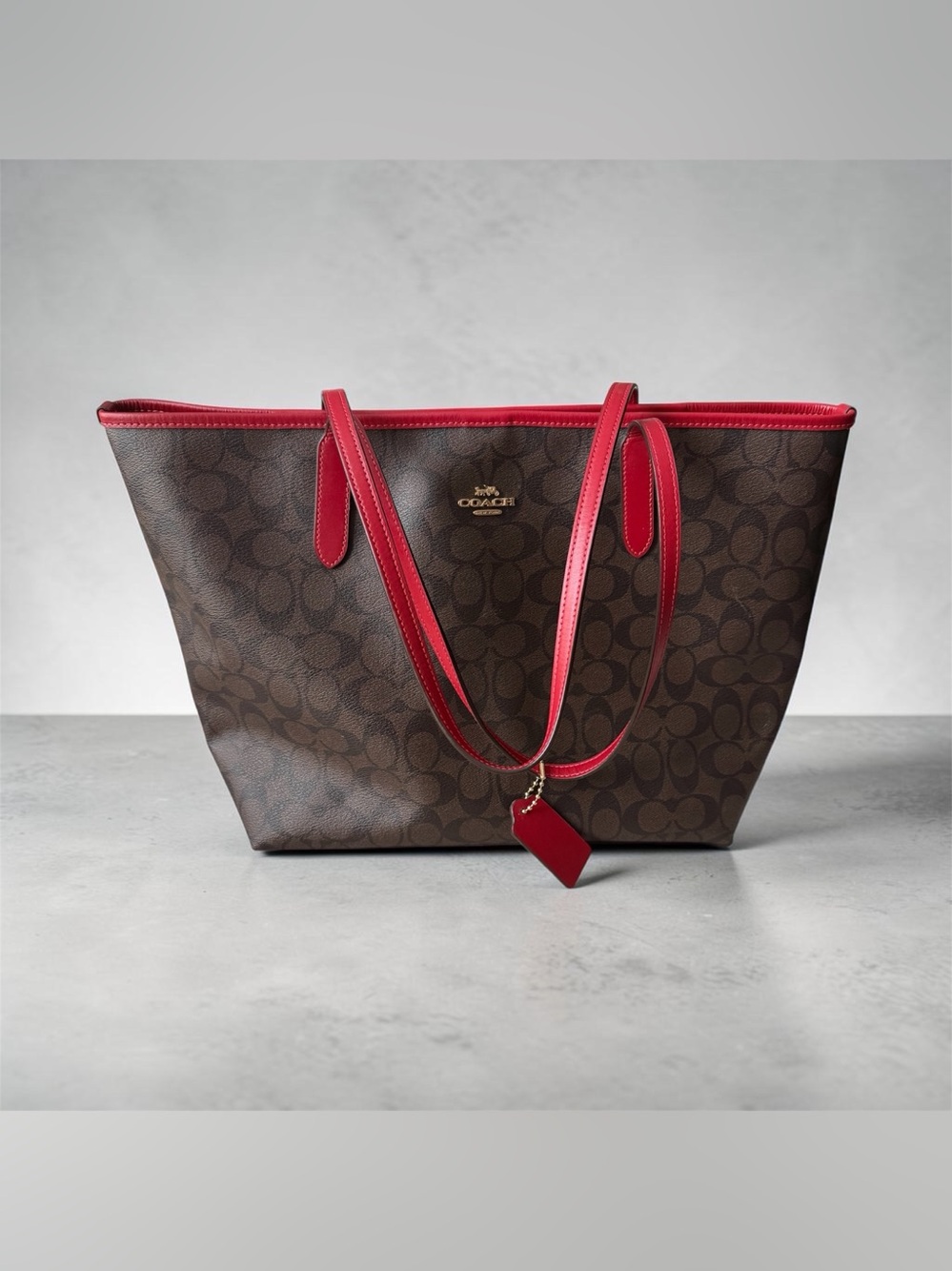 Coach Brown Signature Tote with Red Trim and Straps